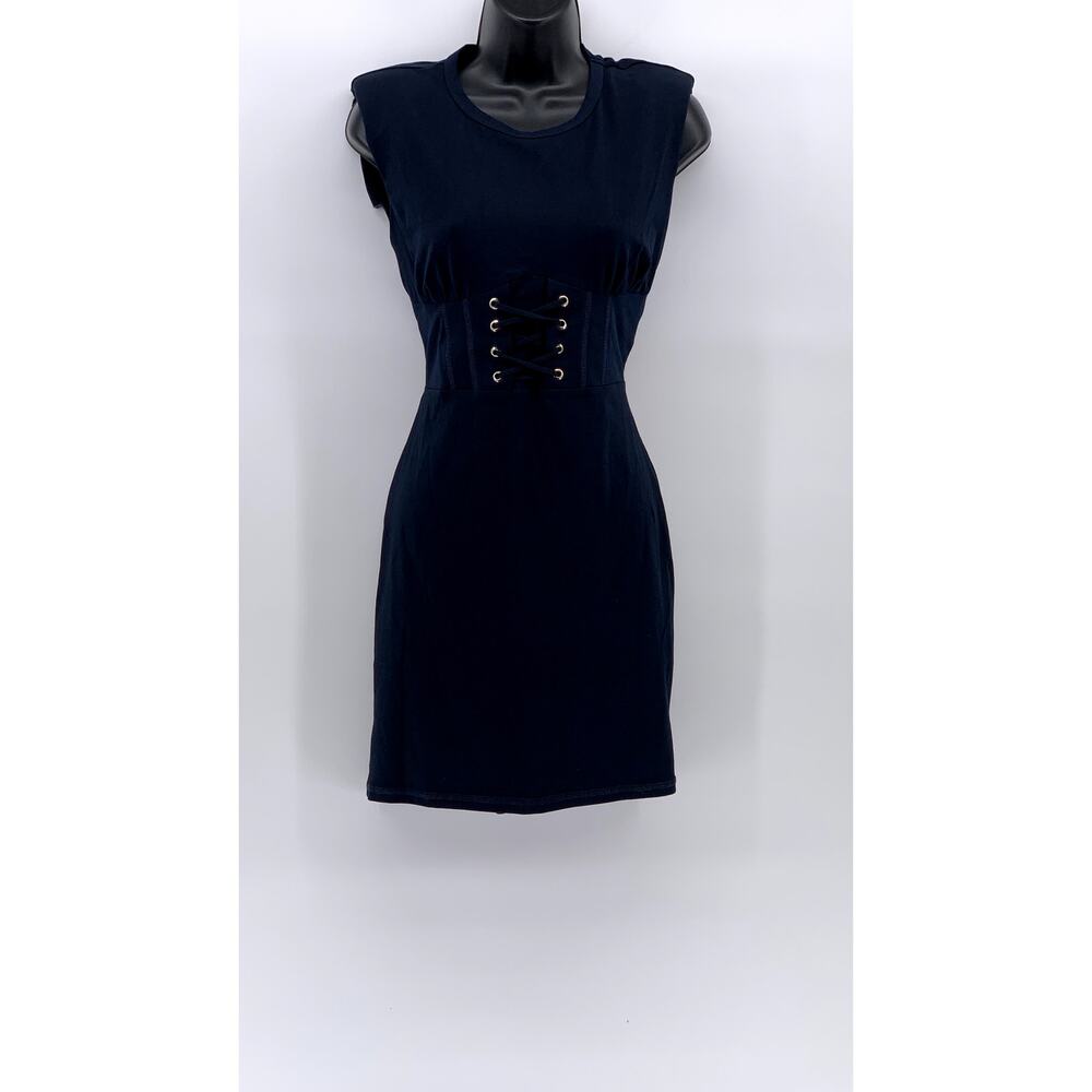 STUDIO F Women's Navy Blue Crewneck Shoulder Padded Sleeveless Corset Dress SZ 4